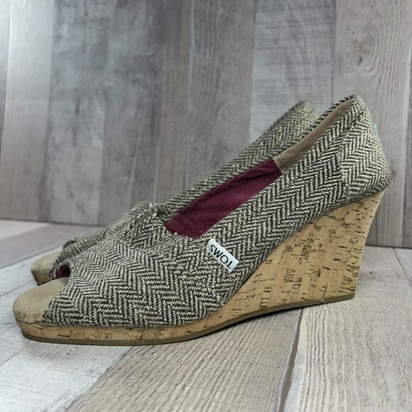 Tom's Women's 9 Stella Calypso Herringbone Tweed Wedge Sandals Cork Heel Brown - Picture 1 of 11